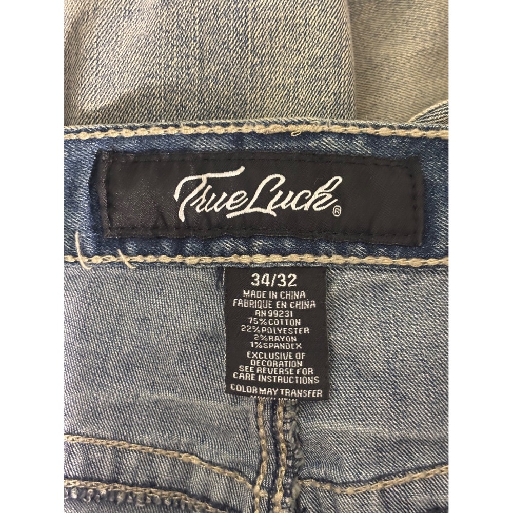 True Luck Mens Jeans Medium Wash Distressed Straight Leg Denim Pants Size 34x30 - Picture 12 of 13